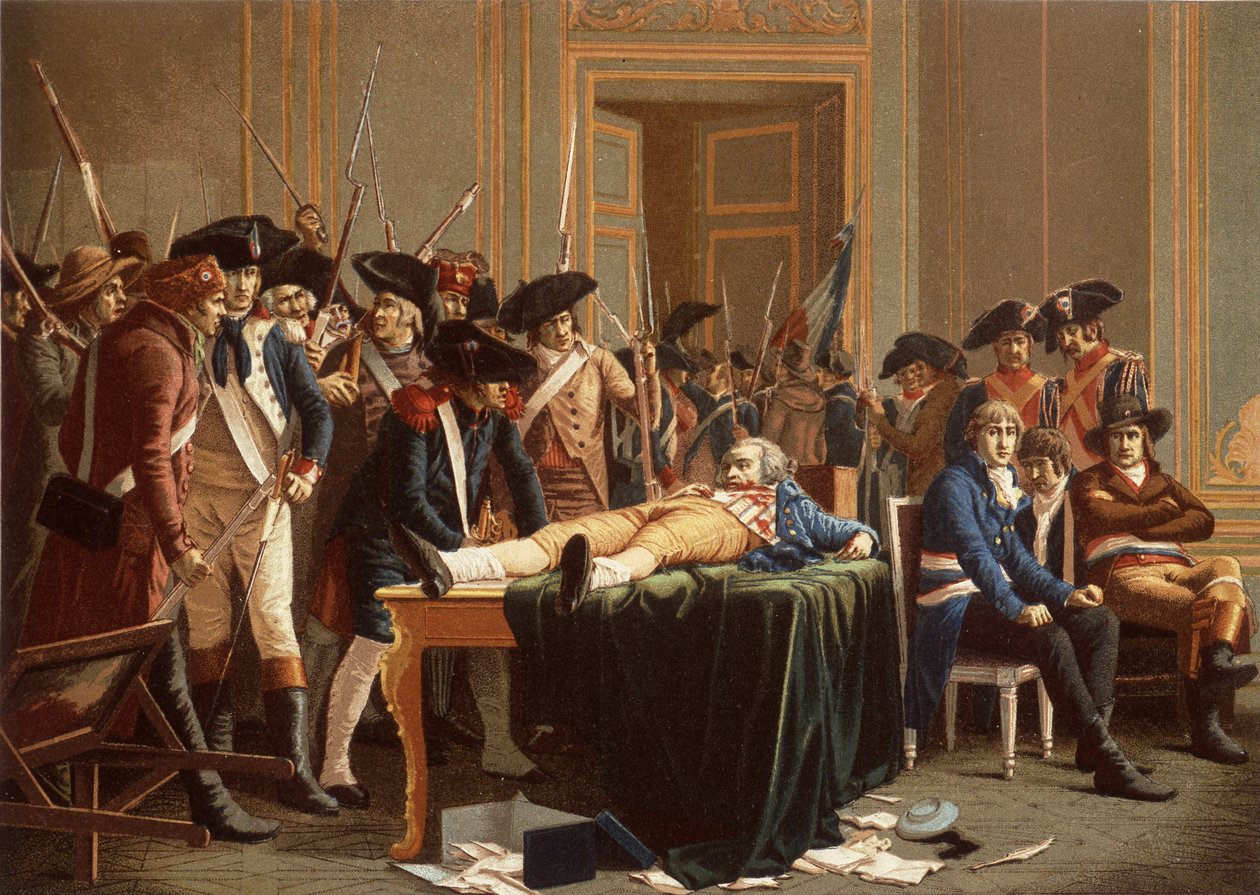 Morgenen den 10. Thermidor År II; Maximilien de Robespierre, med en brækket kæbe, spredt på et bord (chromolitho) af Etienne Lucien (after) Melingue