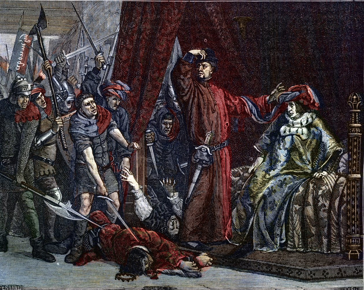 Hundrede års krig: "" Delfinen Charles (dengang Charles V) (1338-1380) (den første delfin i Frankrig) og Etienne Marcel (1302/1310-1358), der myrdede to ministre (marechaux) Robert de Clermont og Jean de Konflans i værelset til den franske delfin kl af Etienne Lucien Melingue