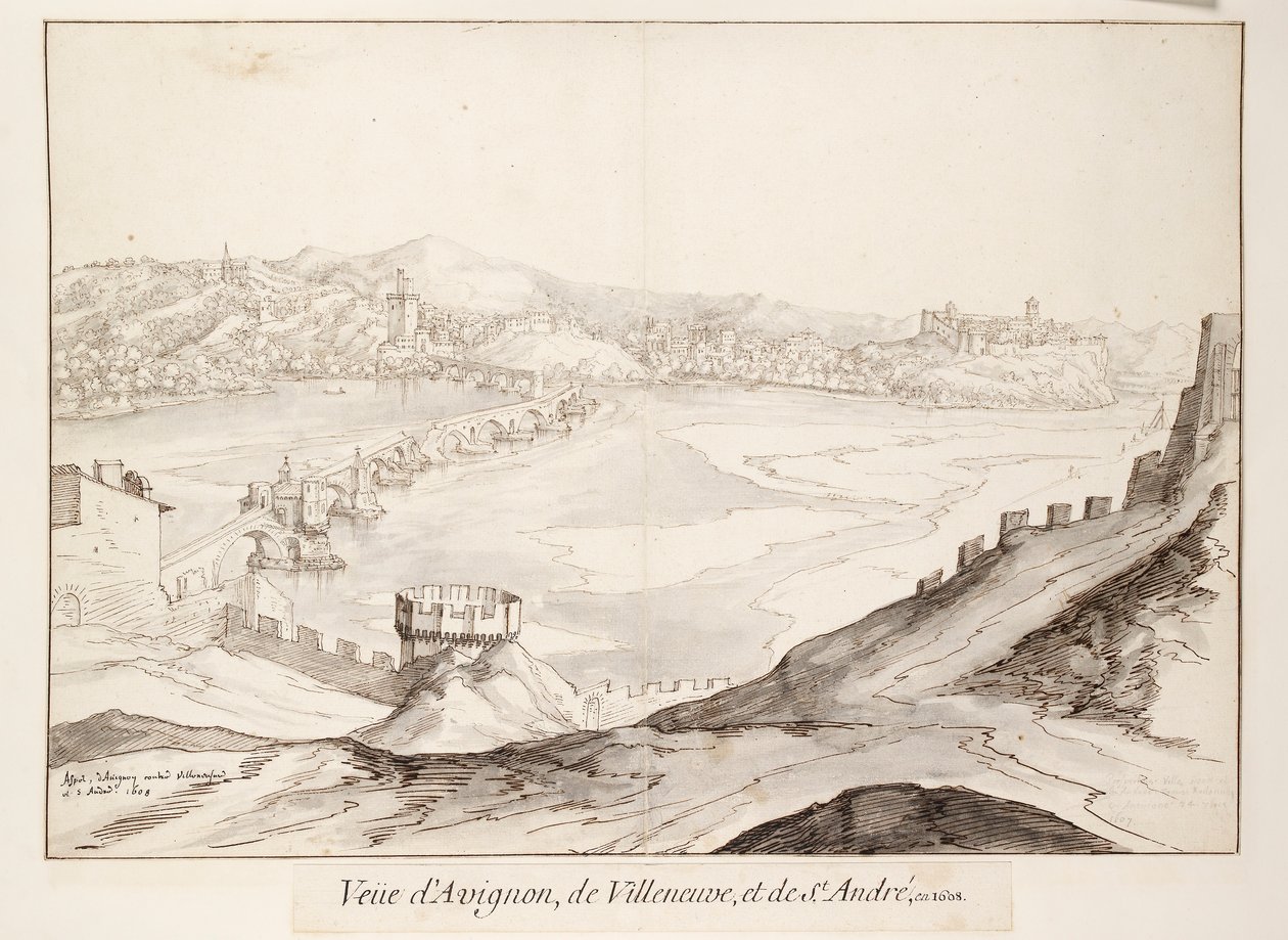 Udsigt over broen ved Avignon mod Villeneuve, begyndelsen af det 17. århundrede af Etienne Martellange