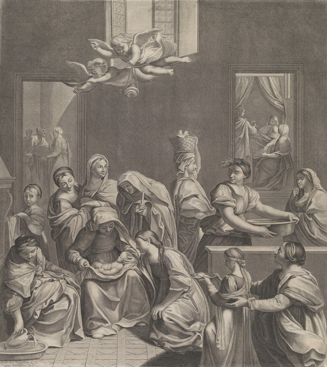 Jomfruens fødsel, kvinde siddende med et spædbarn i skødet, talrige kvinder omkring..., 1677. af Etienne Picart