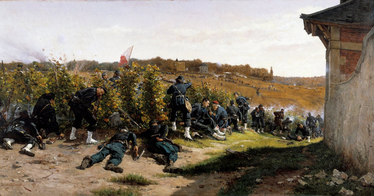 Krigen i 1870: "" Tirailleurs de la Seine au combat de Rueil Malmaison den 21. oktober 1870""" træfning under forsvaret af Paris. Maleri af Etienne Berne Bellecour (1838-1910) 1875 søn. 1,03x2,03m af Etienne Prosper Berne Bellecour
