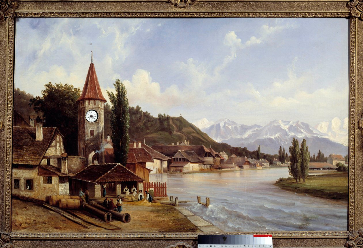 Udsigt over landsbyen Thun i Schweiz. Maleri af Etienne Raffort (1802-1895) af Etienne Raffort