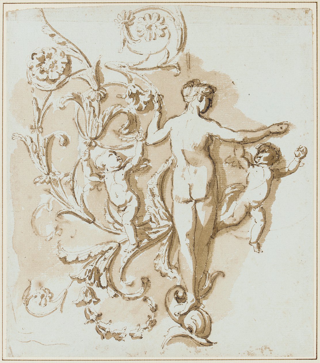 En kvindelig nøgen set bagfra, med to putti, blandt akantus-bladdekoration af Etienne de Lavallee Poussin