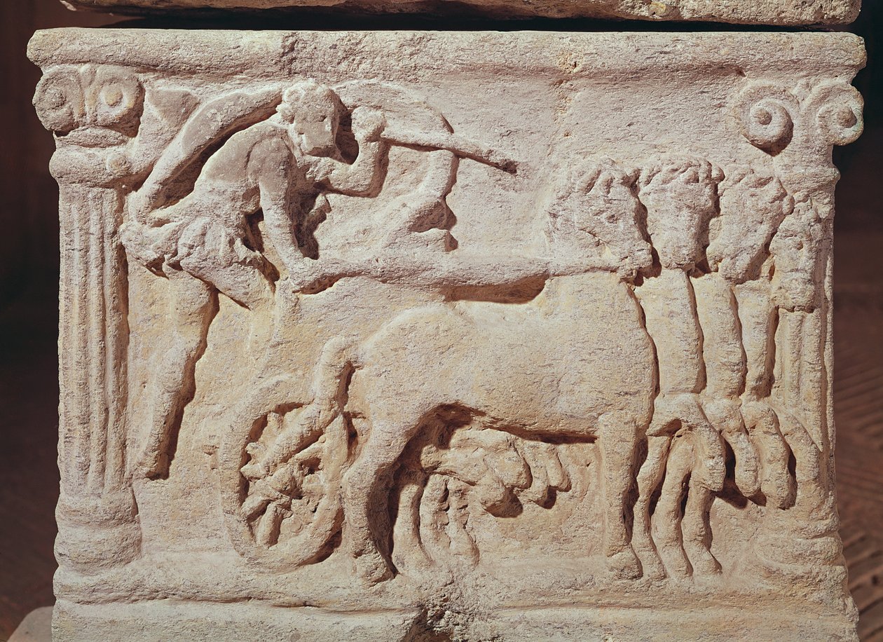 Detalje af en quadriga fra en sarkofag, Mand med en kalveterracotta af Etruscan