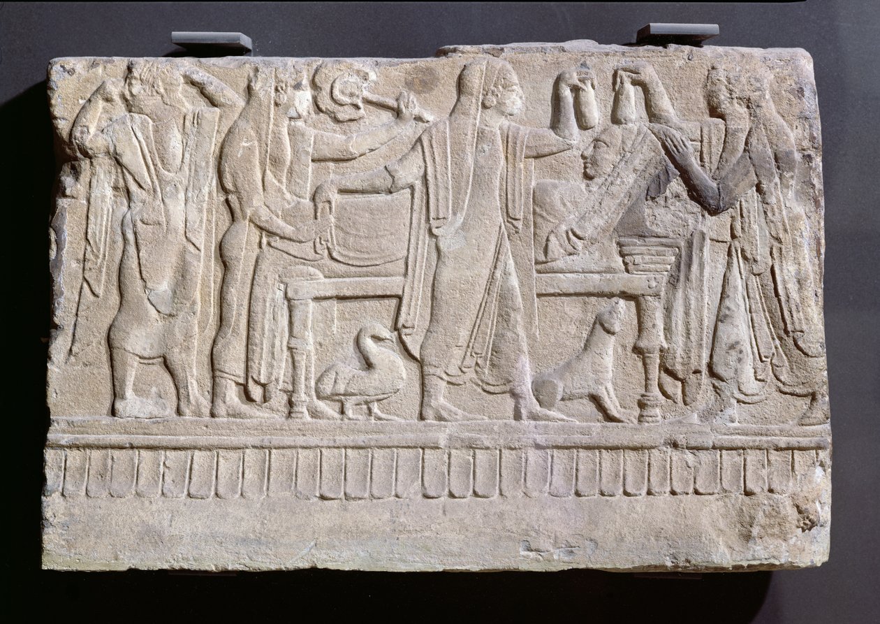 Gravmonument, der viser sørgende mennesker, der omgiver liget før kremering, ca. 490-480 f.Kr. (vulkansk sten) af Etruscan