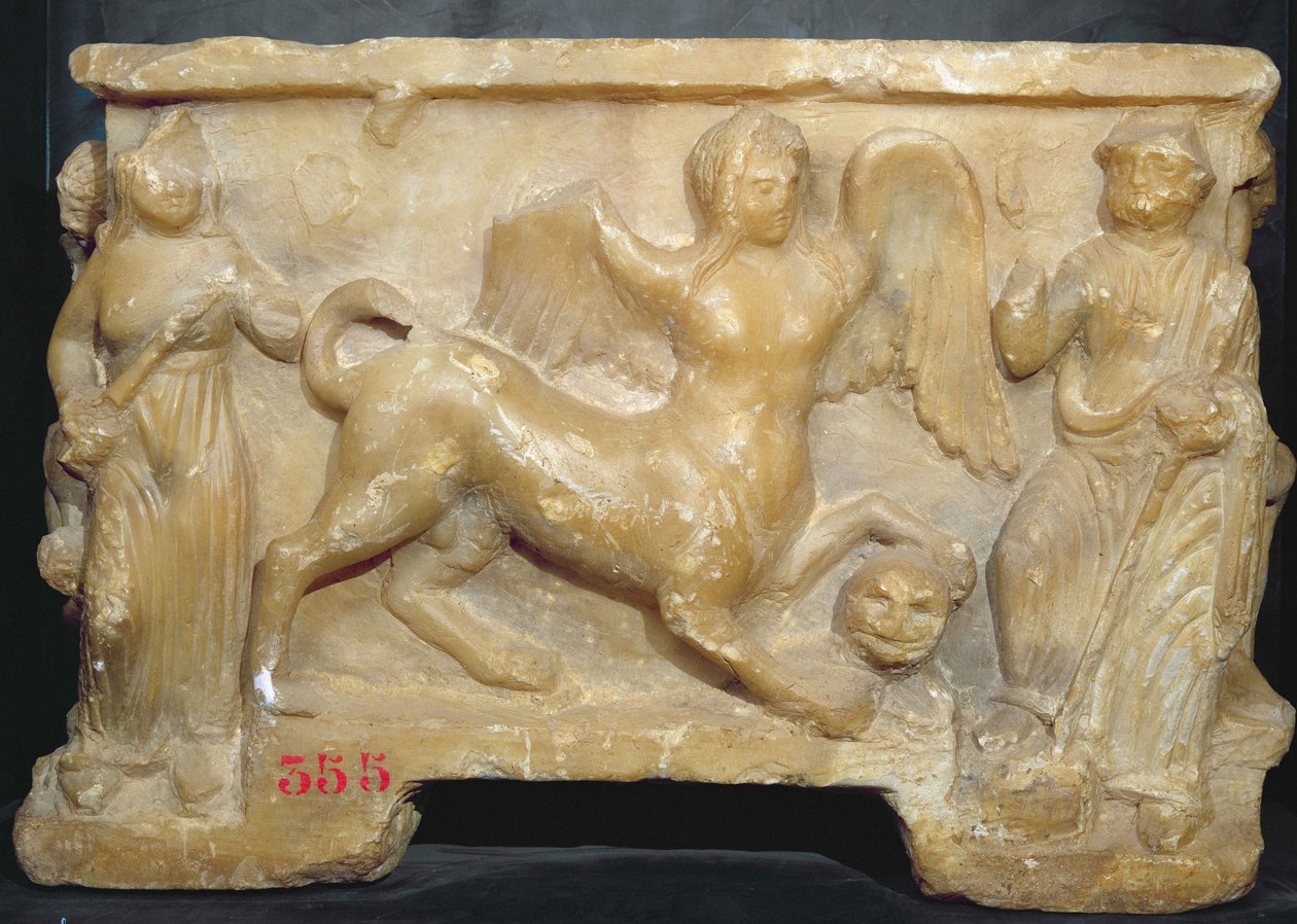 Begravelsesurne forestillende Ødipus og sfinksen (alabaster) af Etruscan