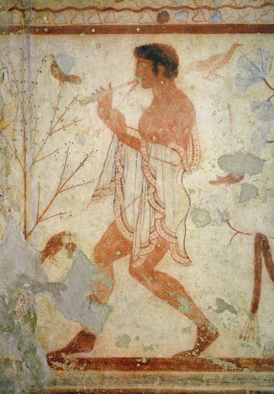 Musiker, der spiller på en dobbeltfløjte, fra trikliniets grav, ca. 470 f.Kr. (vægmaleri) af Etruscan