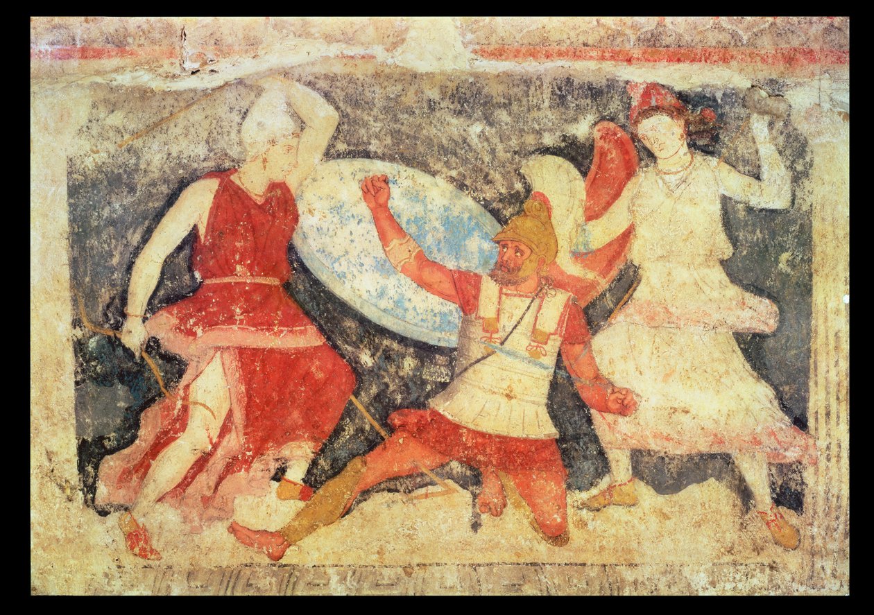 To amazoner i kamp med en græker, fra Tarquinia, 370-360 f.Kr. (vægmaleri) af Etruscan