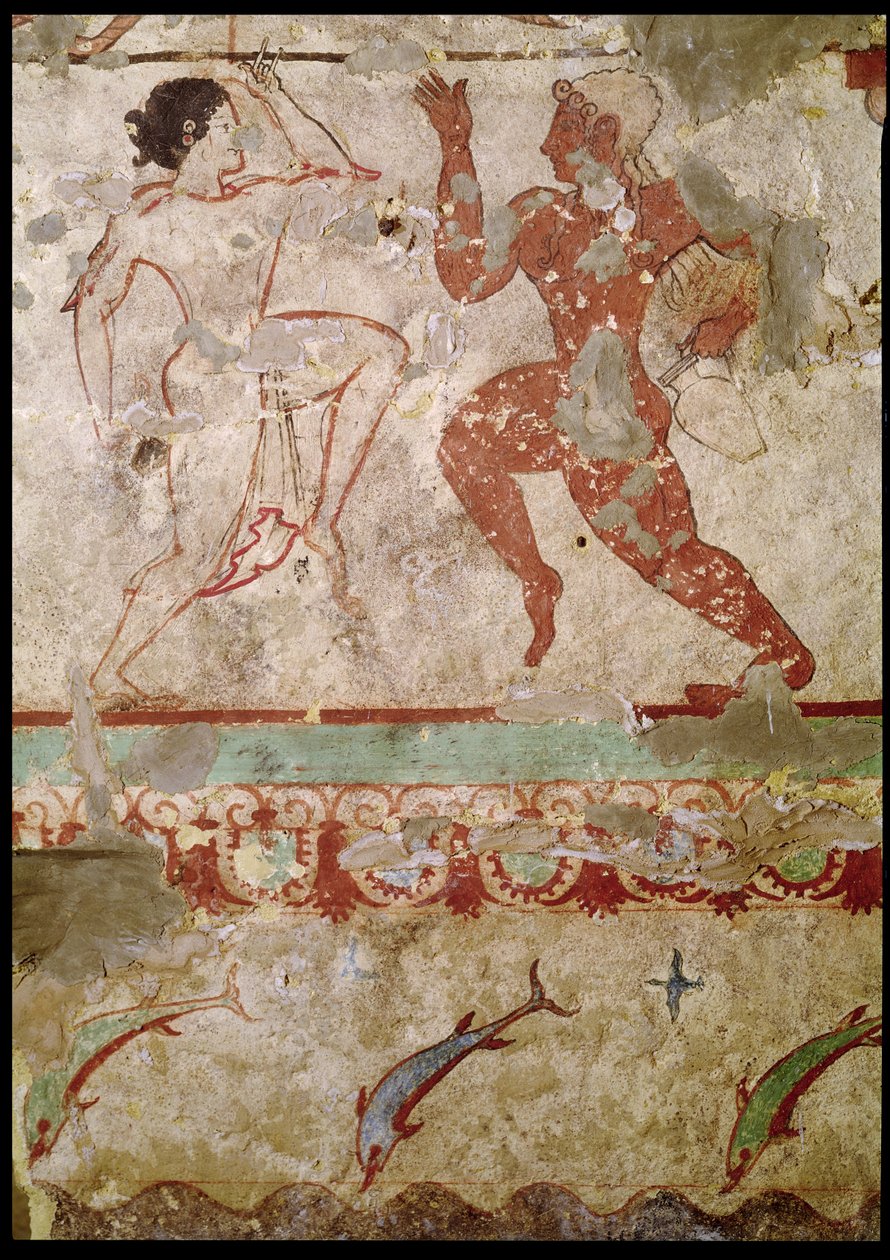 To dansere og delfiner, der springer gennem bølger, frise fra løvindernes grav i nekropolis, ca. 520 f.Kr. (vægmaleri) af Etruscan