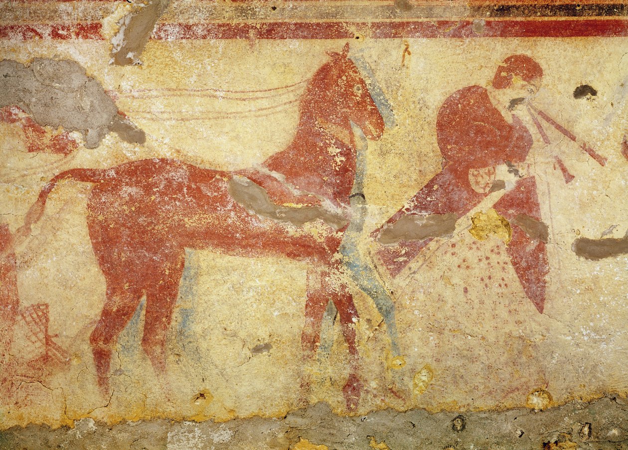 To heste og en musiker, fra Giustiniani-graven, midten af det 5. århundrede f.Kr. (vægmaleri) af Etruscan