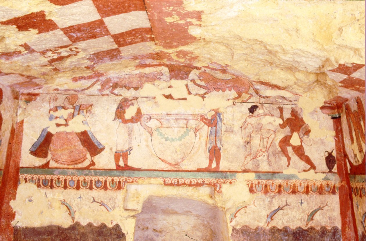 Væg, der forestiller musikere, dansere og delfiner, fra løvindernes grav i nekropolis, ca. 520 f.Kr. (vægmaleri) af Etruscan