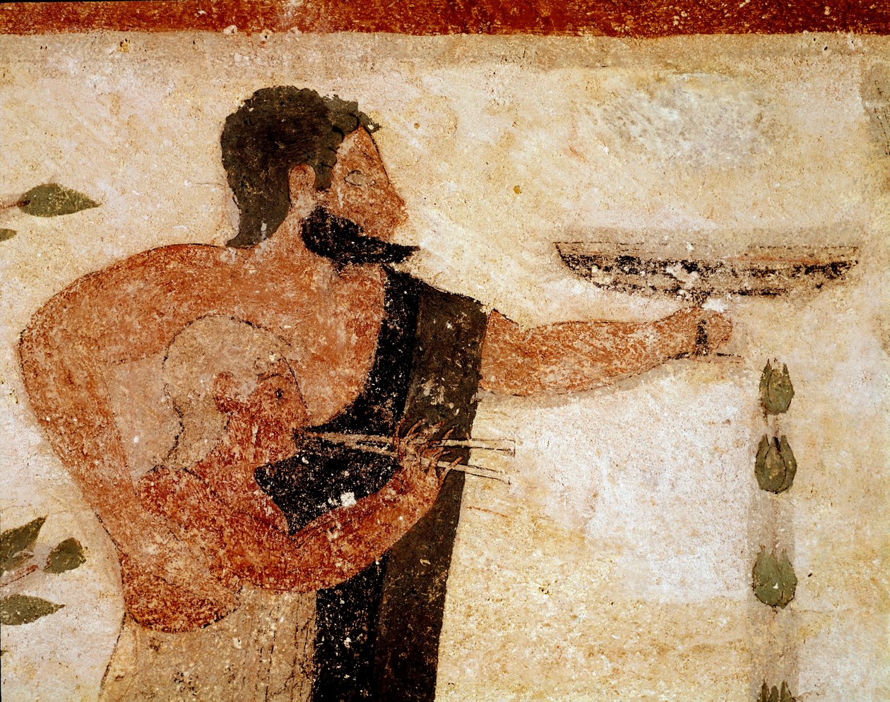 En skægget mand præsenterer en kop, nær ham en musiker (Detalje af fresco, 530 f.Kr.) af Etruscan