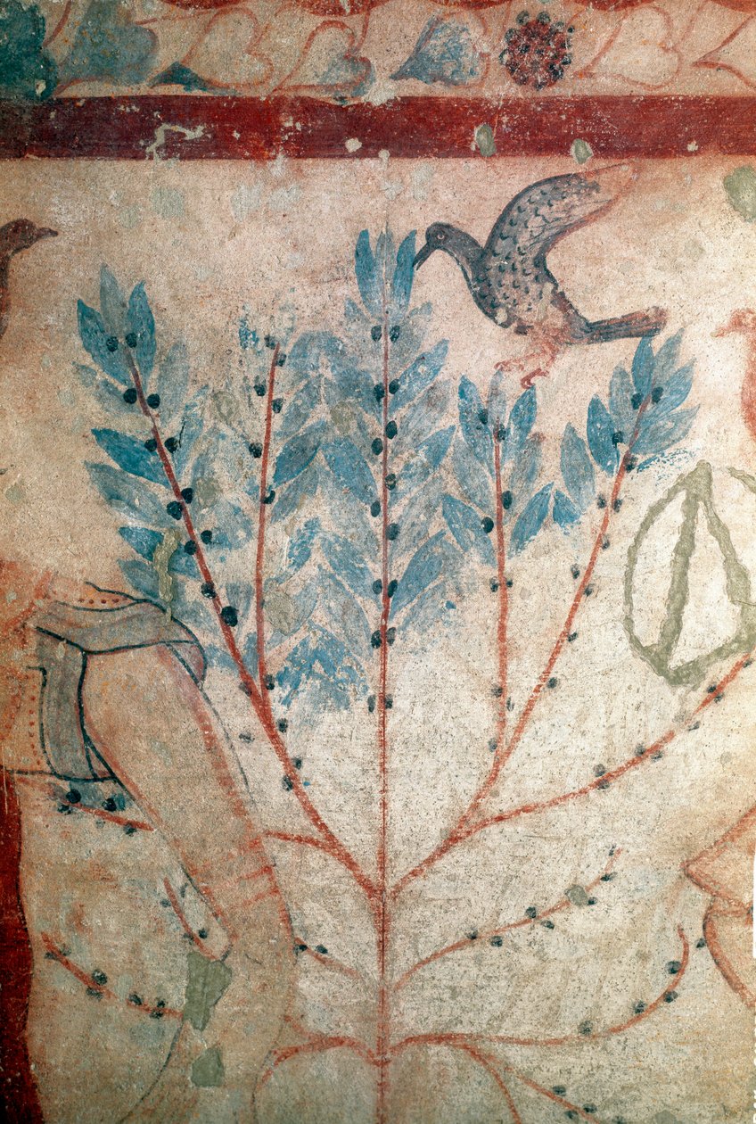 En fugl, der sidder på et lille træ (Fresco, detalje, 530 f.Kr.) af Etruscan