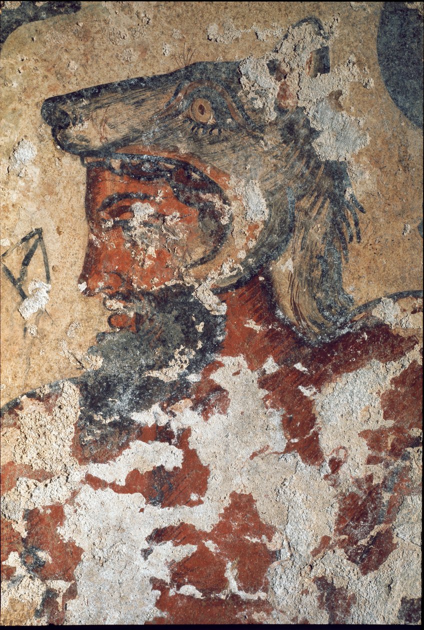 Aita (Eiza), etruskisk gud efter døden, iført en ulvehue (detalje af fresco, 4. f.Kr.) af Etruscan