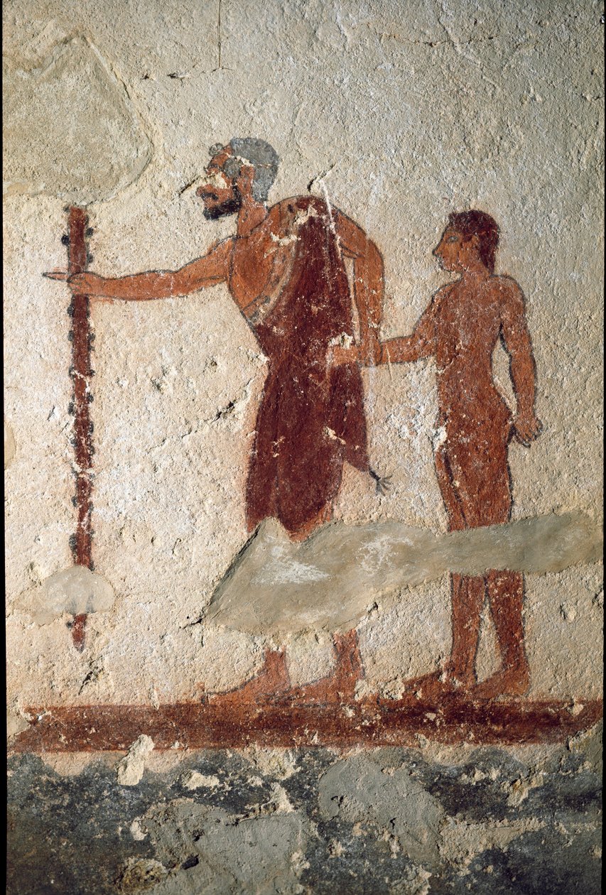 En gammel mand ledsaget af en ung mand (Fresco, detalje, 530 f.Kr.) af Etruscan