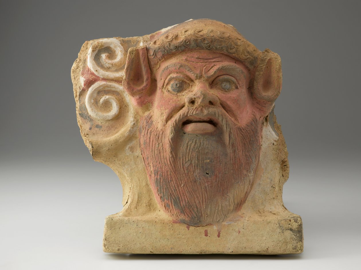 Antefix in the Shape of a Satyrs Head, midten af det 5. århundrede (terracotta med pigment) af Etruscan