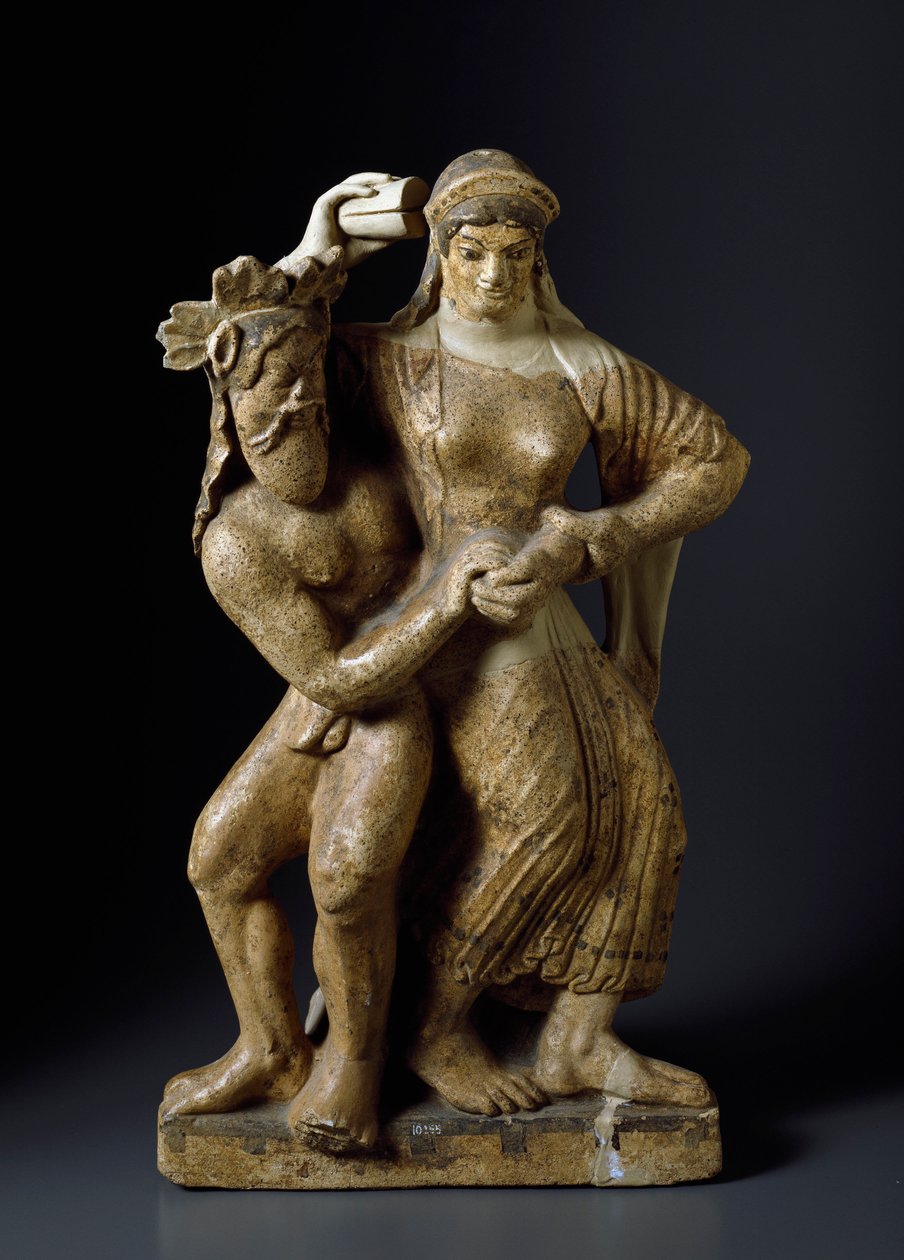 Etruskisk oldtid: ""Satyre og dansende menade"" Terracottaskulptur fra et tempel af Mater matuta i Satricum. 480 f.Kr. Svag. 59 cm Rom, Nationalmuseet for Villa Giulia af Etruscan