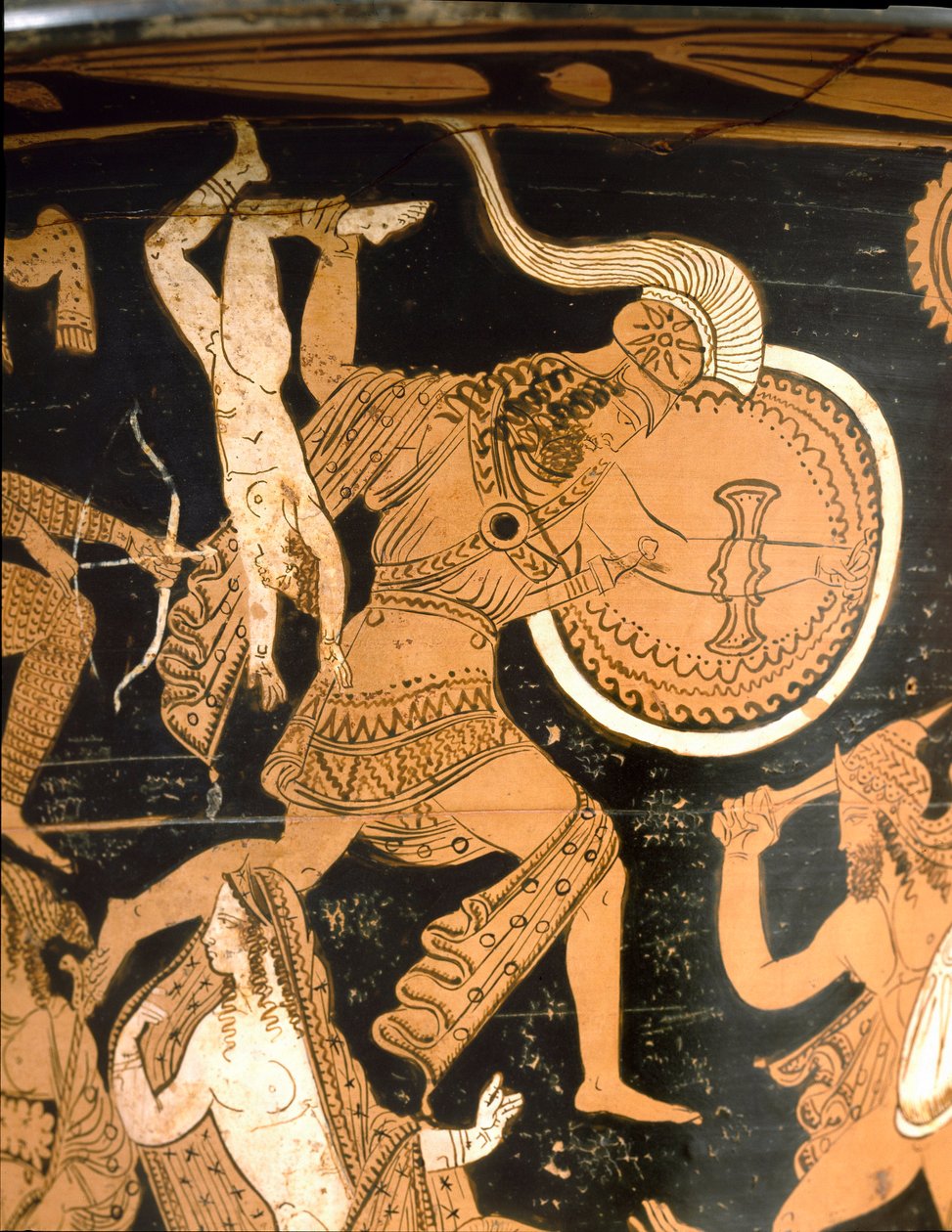 Antik etrusk: klokkekrater, der repræsenterer ødelæggelsen af Troja: detalje, der viser Neoptoleme, der kaster Astyanax, Hectors søn, over væggene. Fra Falerii Veteres (Civita Castellana). 350-300 f.Kr. Rom, Museo Nazionale di Villa Giulia af Etruscan