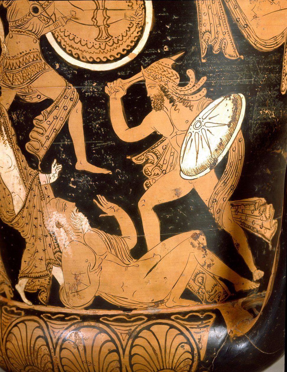 Antik etrusk: klokkekrater, der repræsenterer ødelæggelsen af ​​Troja: detalje, der repræsenterer Priamos dræbt af Neoptoleme. Fra Falerii Veteres (Civita Castellana). 350-300 f.Kr. Rom, Nationalmuseet for Villa Giulia af Etruscan