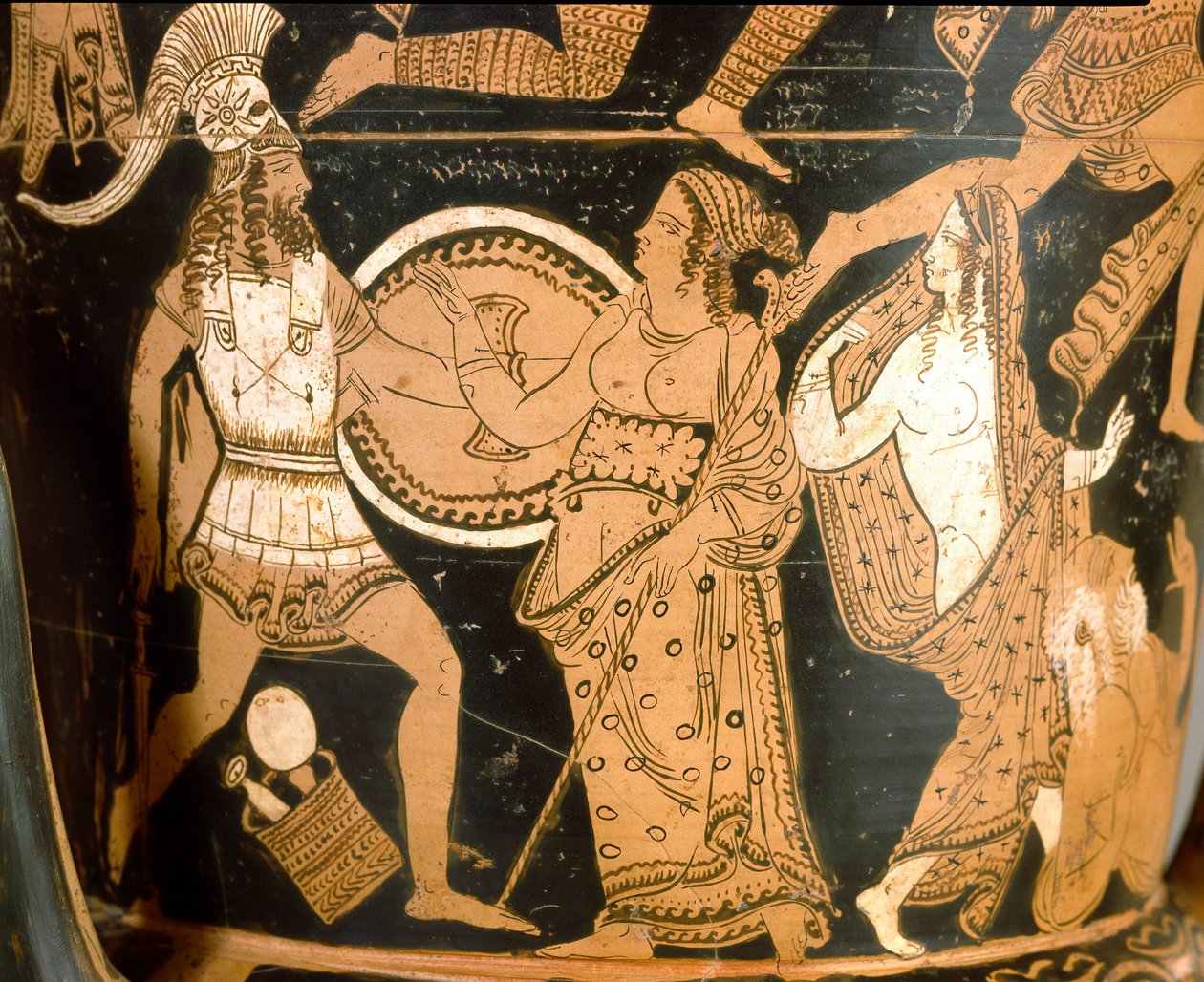 Antik etrusk: krater i klokke, der repræsenterer ødelæggelsen af Troja: detalje, der repræsenterer Menelas mod Afrodite, Helene er repræsenteret til højre. Fra Falerii Veteres (Civita Castellana). 350-300 f.Kr. Rom, Museo Nazionale di Villa Giulia af Etruscan