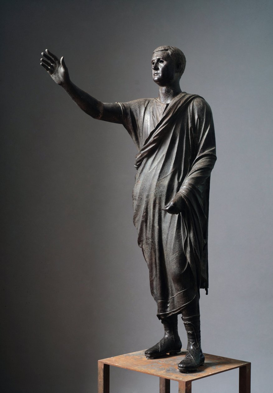 Aule Metele (Oratoren), romersk taler - etruskisk bronzeskulptur, h: 179 cm, ca.90-70 f.Kr., fra Pila, Italien - etruskisk civilisation: "" Magistraten i Perugia Aulus Metellus siger Taleren eller Arringatore"" ” Bronzeskulptur af Etruscan