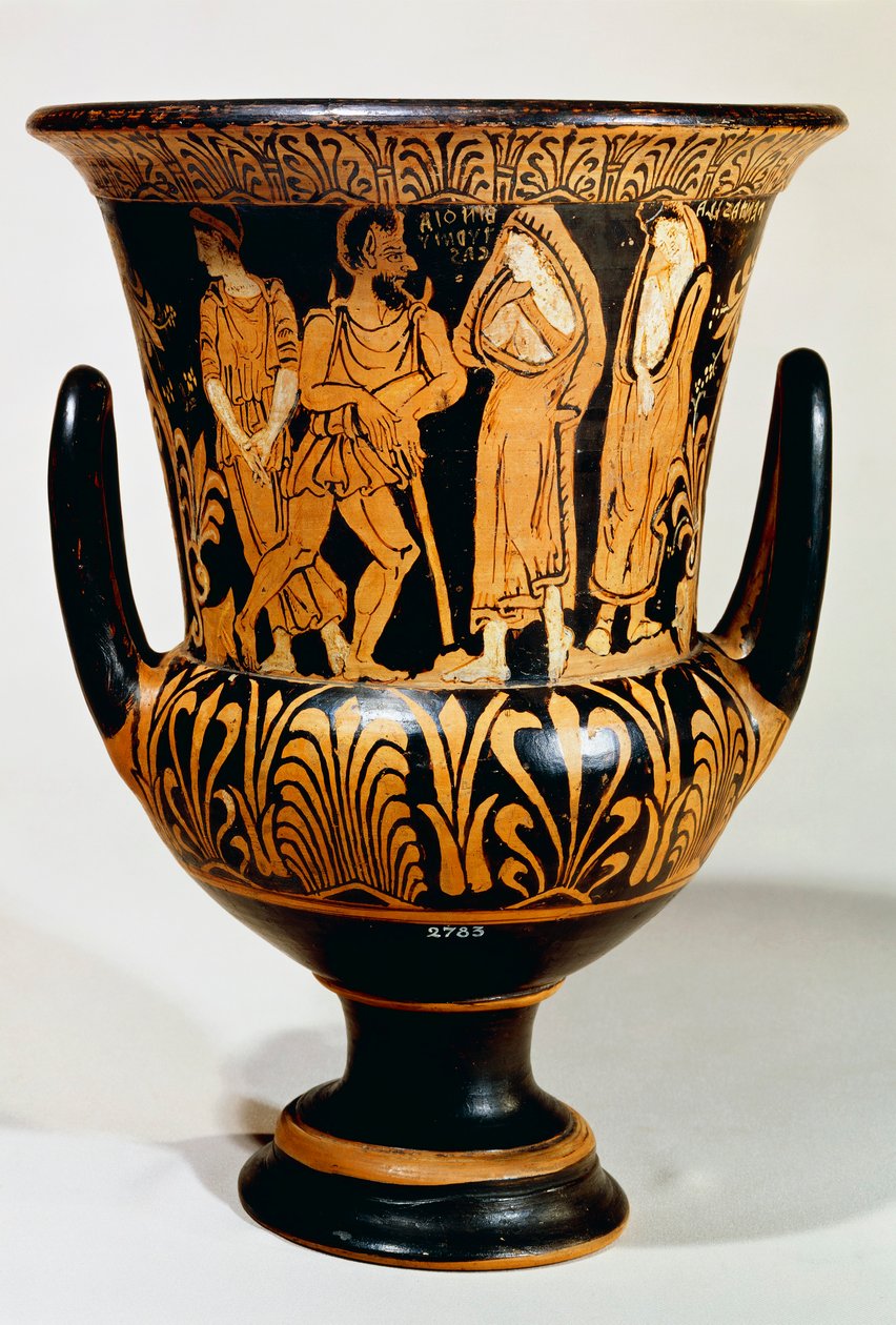 Calyx-krater (stor vase) af Turmuca-maleren, der viser en scene fra underverdenen med Charon og piger. Rød-figur keramik fra Vulci (Lazio). Etruskisk civilisation, 330-300 f.Kr. af Etruscan