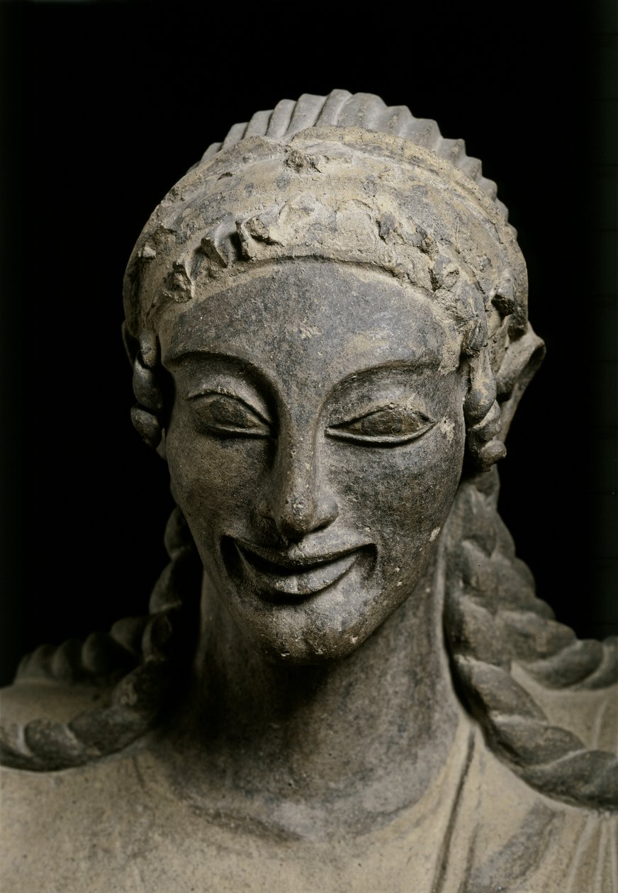 ETRUSKISK KUNST: Apollon (detalje). ca. 510-490 f.Kr. Fra Veius, helligdom i..., ca. 510-490 f.Kr (terrakotta) af Etruscan