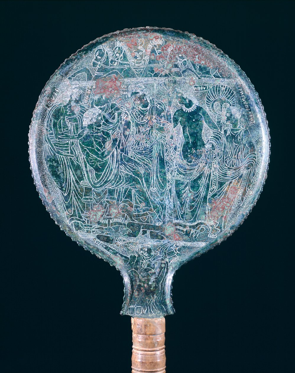 Graveret bronzespejl, fra Todi (Umbria). Etruskisk civilisation, 4. århundrede f.Kr. af Etruscan