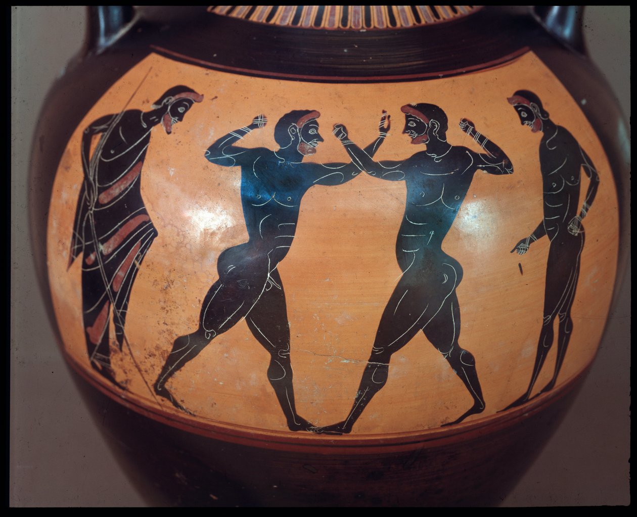 Etruskisk civilisation: Terracotta amphora decoree d"une scene de pugilat, detalje 550-500 f.Kr. Fra Krigerens grav ved Vulci, Italien af Etruscan