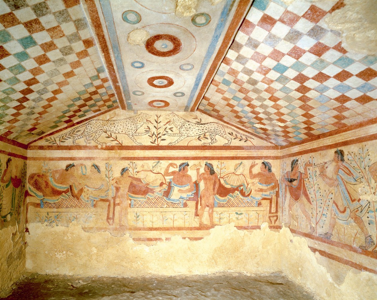 Etruskisk leopardgrav, fresko, der viser banketscene, Tarquinia. 5. århundrede f.Kr., Italien (fresco) af Etruscan
