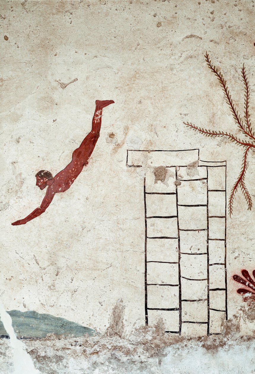 Etruskisk kunst: En ung svømmer, der dykker. Fresko af "dykkerens" grav. Detalje. Fra Paestums sydlige kirkegård. 480-470 f.Kr. Museo Archeologico Nazionale, Paestum af Etruscan