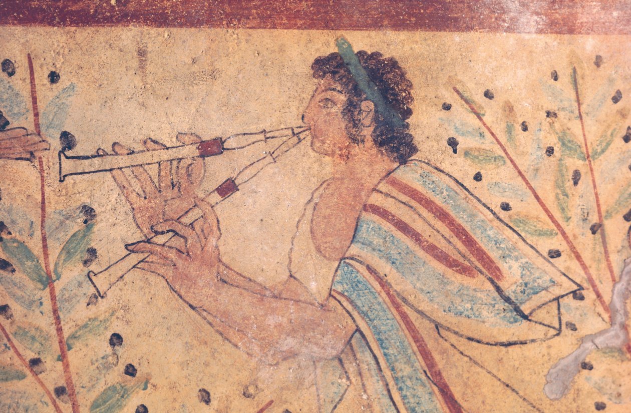 Etruskisk kunst: en fløjtespiller. Detalje af en fresco ved leopardernes grav, i nekropolis de Monterozzi, Italien, beg af 5. århundrede f.Kr. (fresco) af Etruscan