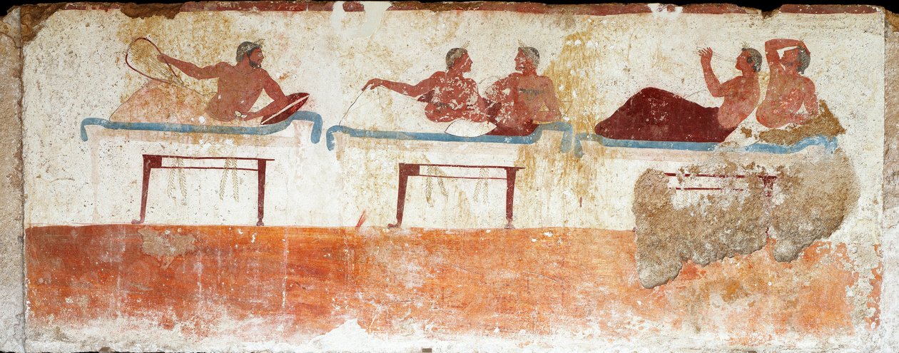 Etruskisk kunst: banketscene. Fresko af "dykkerens" grav. Fra Paestums sydlige kirkegård. 480-470 f.Kr. Museo Archeologico Nazionale, Paestum af Etruscan