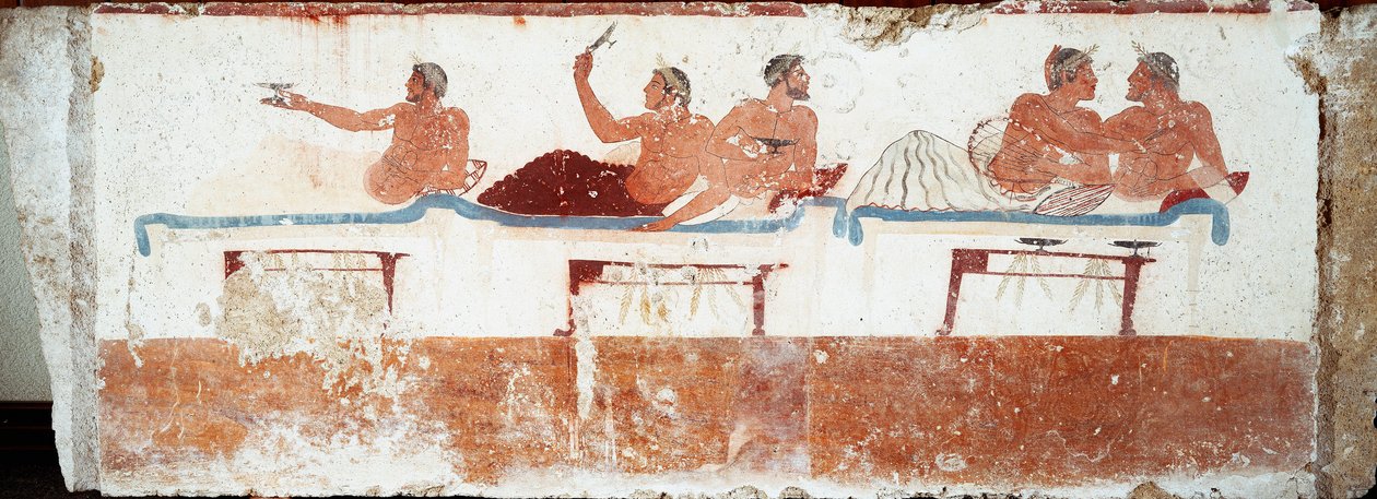 Etruskisk kunst: banketscene. Fresko af "dykkerens" grav. Fra Paestums sydlige kirkegård. 480-470 f.Kr. Museo Archeologico Nazionale, Paestum af Etruscan