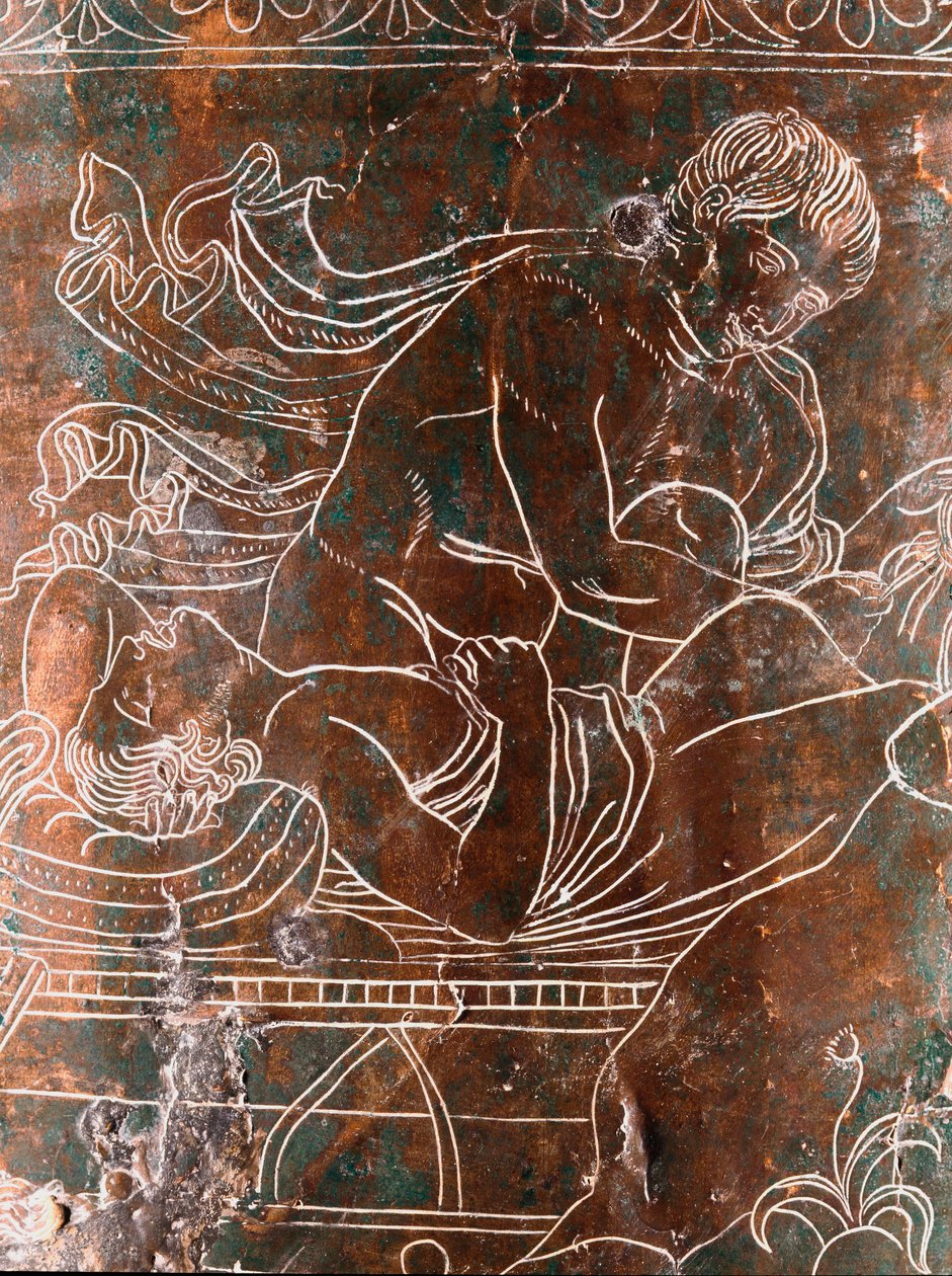 Etruskisk kunst: detalje af bronze Ficoroni Cistus, der repræsenterer legenden om Argonauterne: Argos skib. Fra Preneste (Palestrina). 340 f.Kr. Museo Nazionale di Villa Giulia, Rom af Etruscan