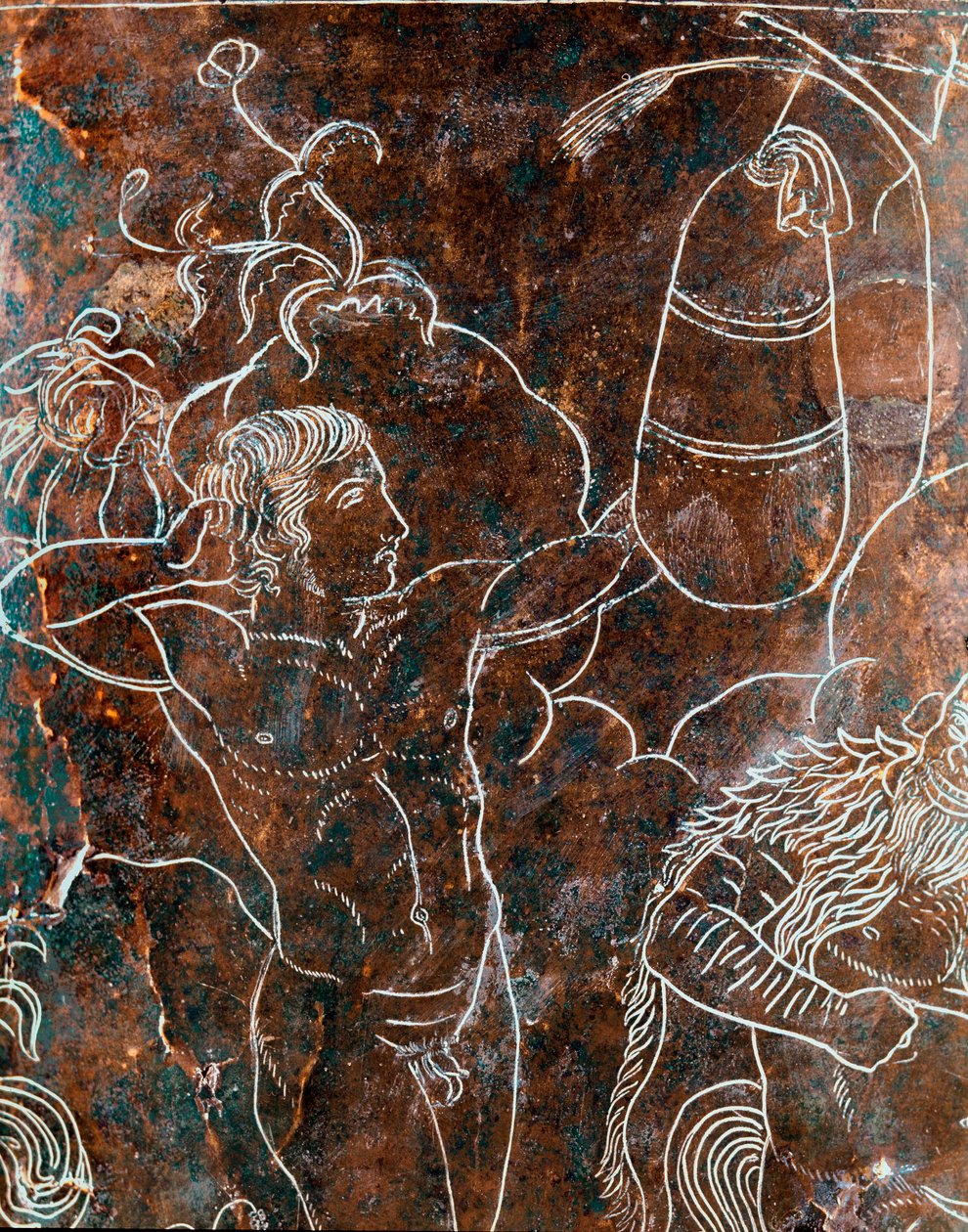 Etruskisk kunst: detalje af bronze Ficoroni Cistus, der repræsenterer legenden om Argonauterne: en argonauttræning i pugilate. Fra Preneste (Palestrina). 340 f.Kr. Nationalmuseet for Villa Giulia, Rom af Etruscan
