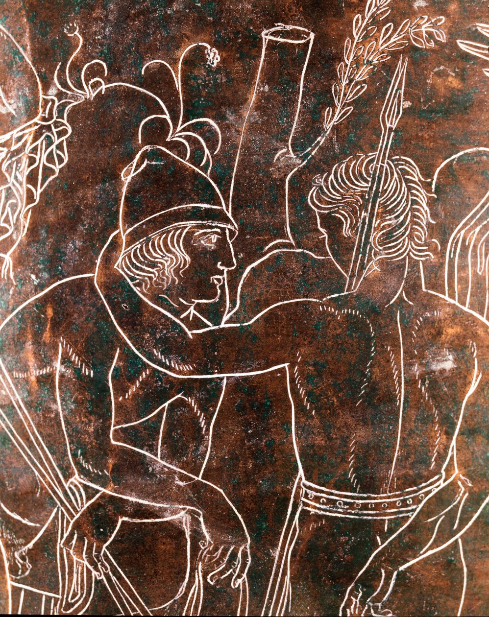 Etruskisk kunst: detalje af bronze Ficoroni Cistus, der repræsenterer legenden om Argonauterne. Fra Preneste (Palestrina). 340 f.Kr. Nationalmuseet for Villa Giulia, Rom af Etruscan