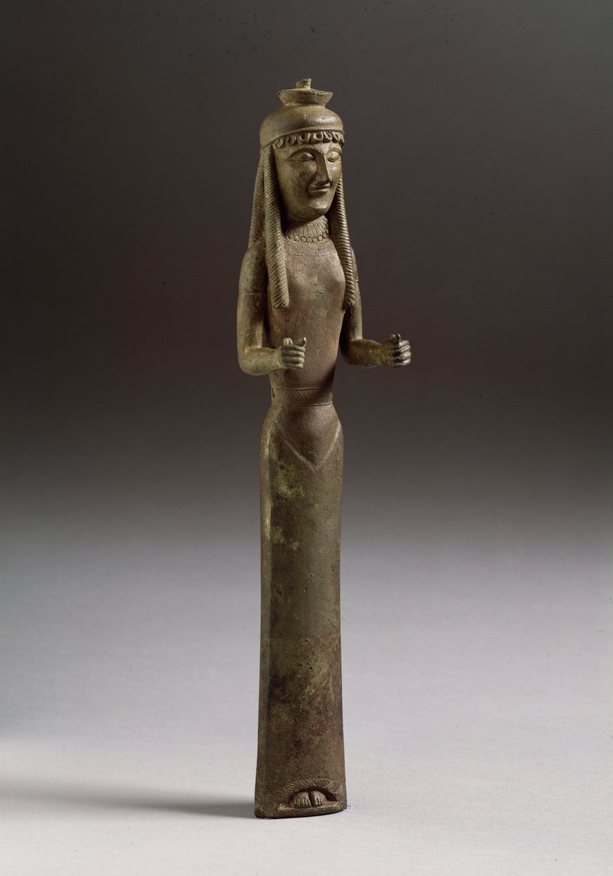 Etruskisk kunst: offerfigur (etruskisk kunst, en offerfigur, bronzeskulptur fra Italien, 550 f.Kr., Dim 36 cm) Bronzeskulptur, Italien 550 f.Kr. Firenze, Museo Archeologico af Etruscan