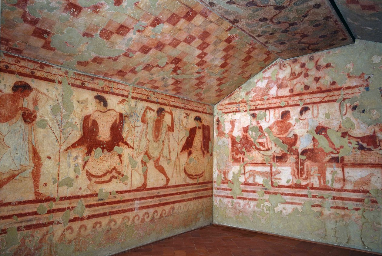 Etruskisk kunst: fresker, der skildrer banketscener. Trikliniums grav. 5. århundrede f.Kr. Det nationale arkæologiske museum i Tarquinia Italien af Etruscan