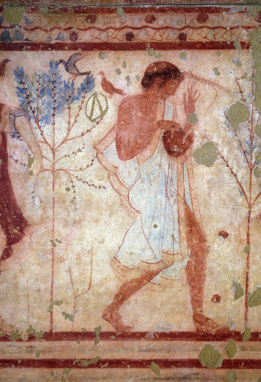 Etruskisk kunst: freskomalerier, der skildrer banketscener, detaljer, der skildrer en lirer. Trikliniums grav. 5. århundrede f.Kr. Nationale arkæologiske museum i Tarquinia Italien af Etruscan