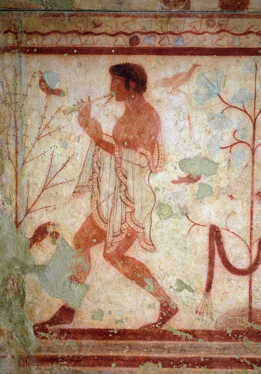 Etruskisk kunst: fresker, der repræsenterer banketscener, detaljer, der repræsenterer en fløjtespiller. Trikliniums grav. 5. århundrede f.Kr. Nationale arkæologiske museum i Tarquinia Italien af Etruscan