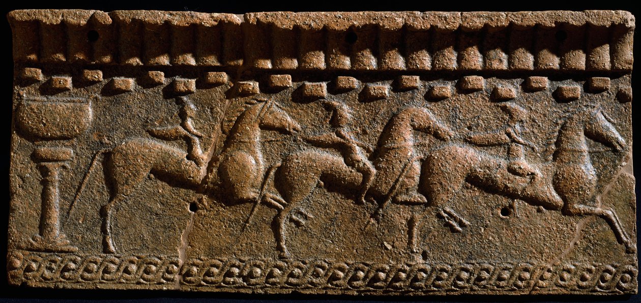 Etruskisk kunst: frisedekoratør af riddere fra et arkitektonisk ensemble i Murlo. 6. århundrede f.Kr. Murlo, Antiquarium Municipal, Italien af Etruscan