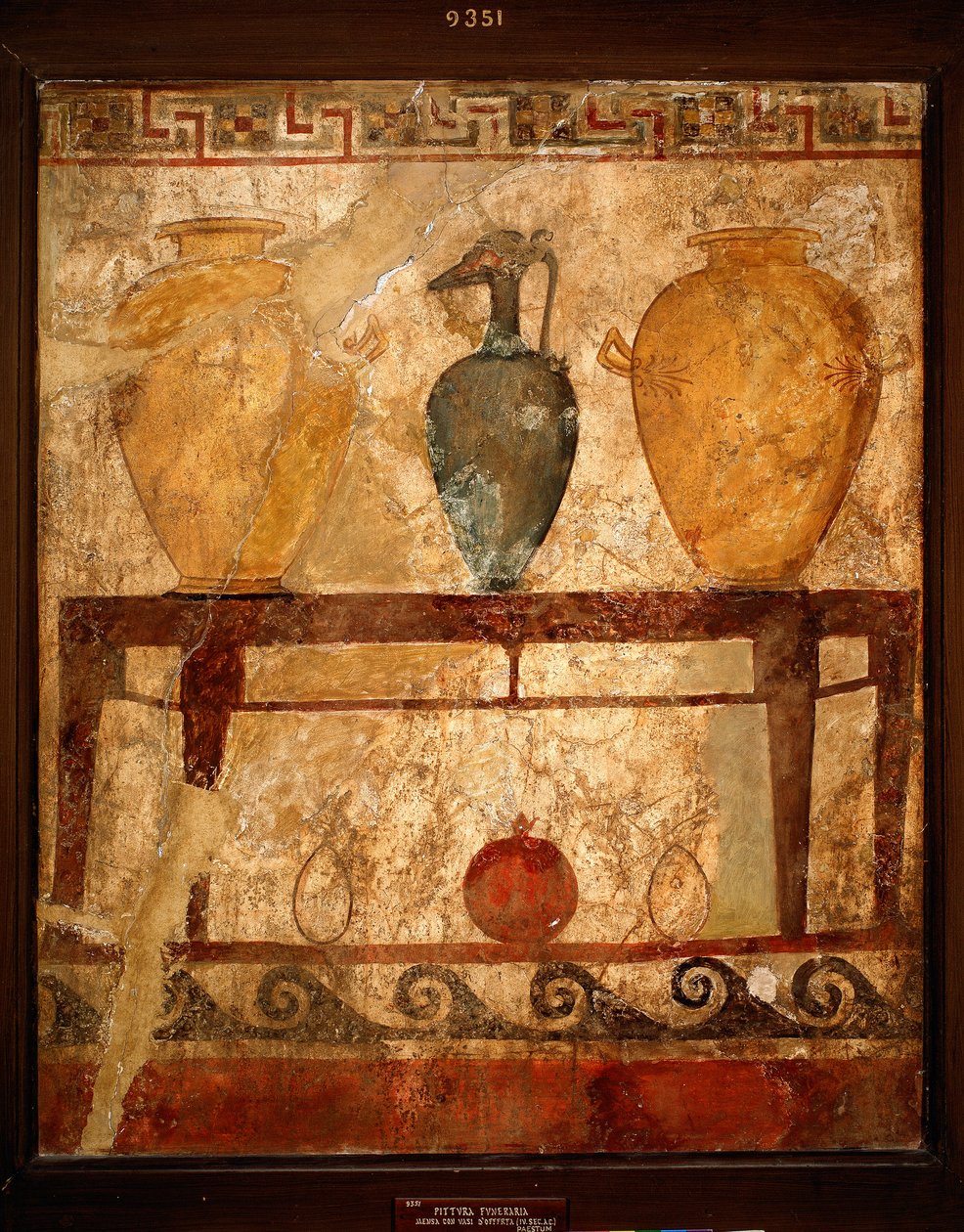 Etruskisk kunst: bord med vaser med tilbud. Fresko fra kirkegården i Paestum. 4. århundrede f.Kr. Museo Archeologico Nazionale, Napoli, Italien af Etruscan