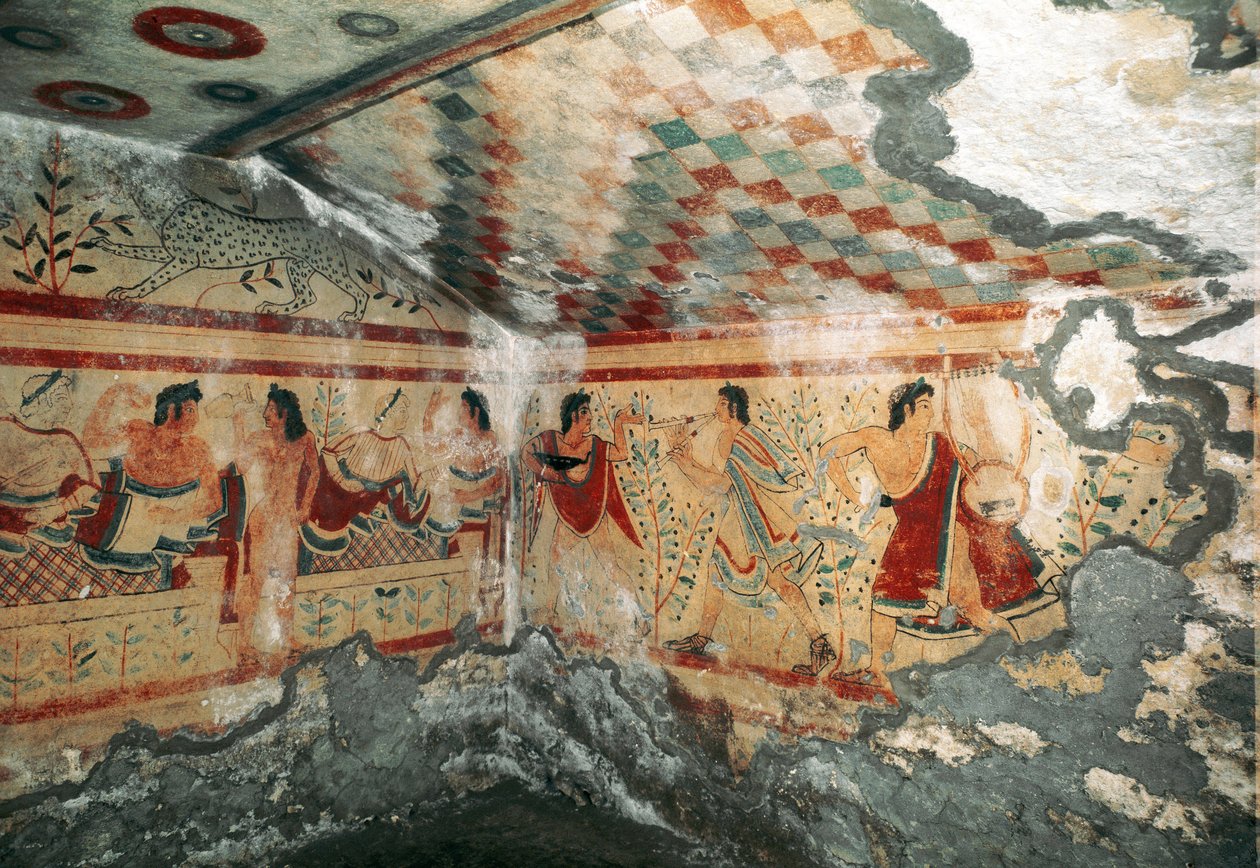Etruskisk kunst: udsigt over det indre af leopardernes grav, dekoreret med fresker, der repræsenterer en banketscene med dansere. 470 f.Kr. Necropole de Monterozzi, Tarquinia, Italien af Etruscan