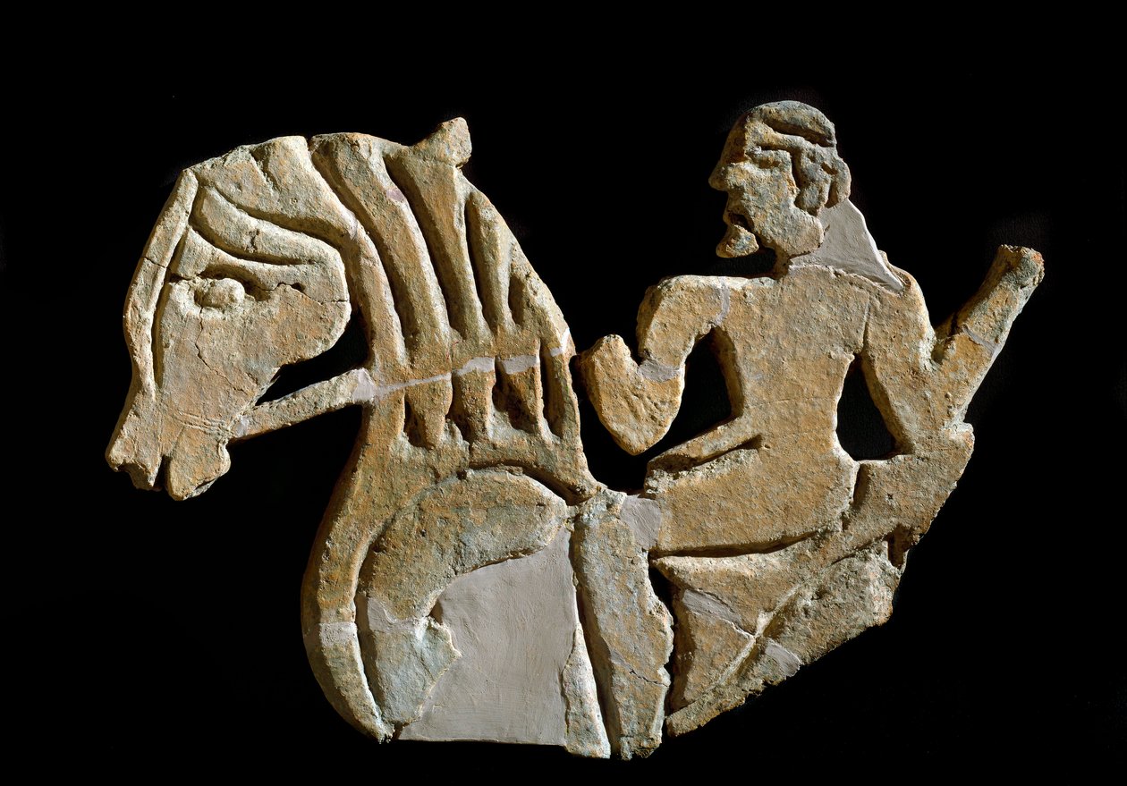 Etruskisk civilisation: acrotere skulptureret i form af en rytter. 7. århundrede f.Kr. Fra Murlo-paladset. Firenze, Soprintendenza Archeologica af Etruscan