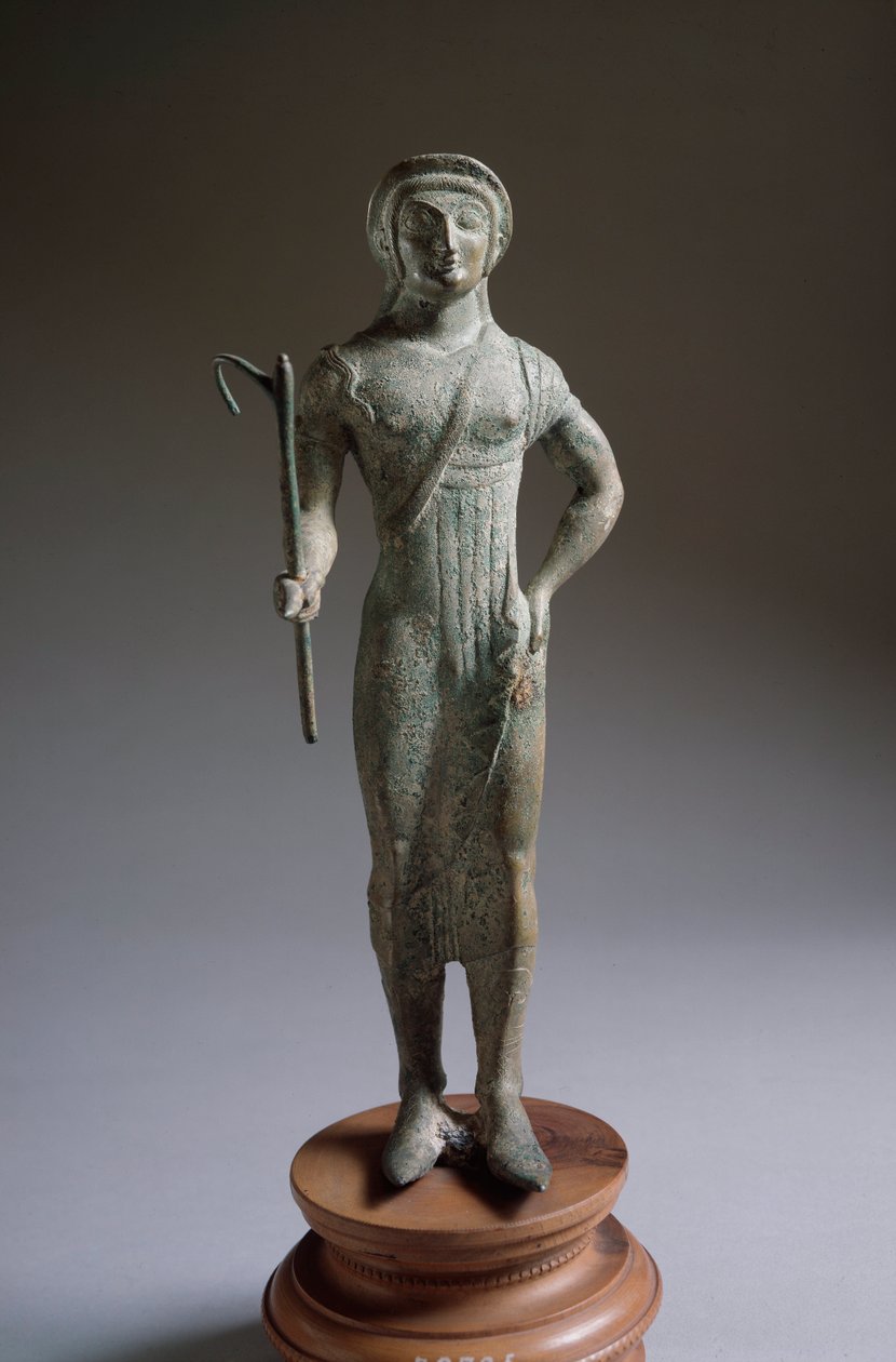 Etruskisk civilisation: "" offerfigur"" bronzeskulptur, 480 f.Kr., Dim 27 cm fra Isola di Fano, Italien af Etruscan