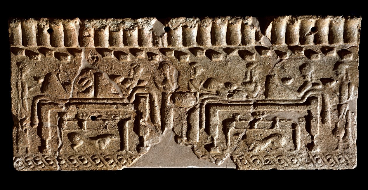 Etruskisk civilisation: terracotta-frise prydet med en banketscene. 580 f.Kr. Dim. 24x54 cm. Fra Murlo Palace. Murlo, Antiquarium Comunale af Etruscan