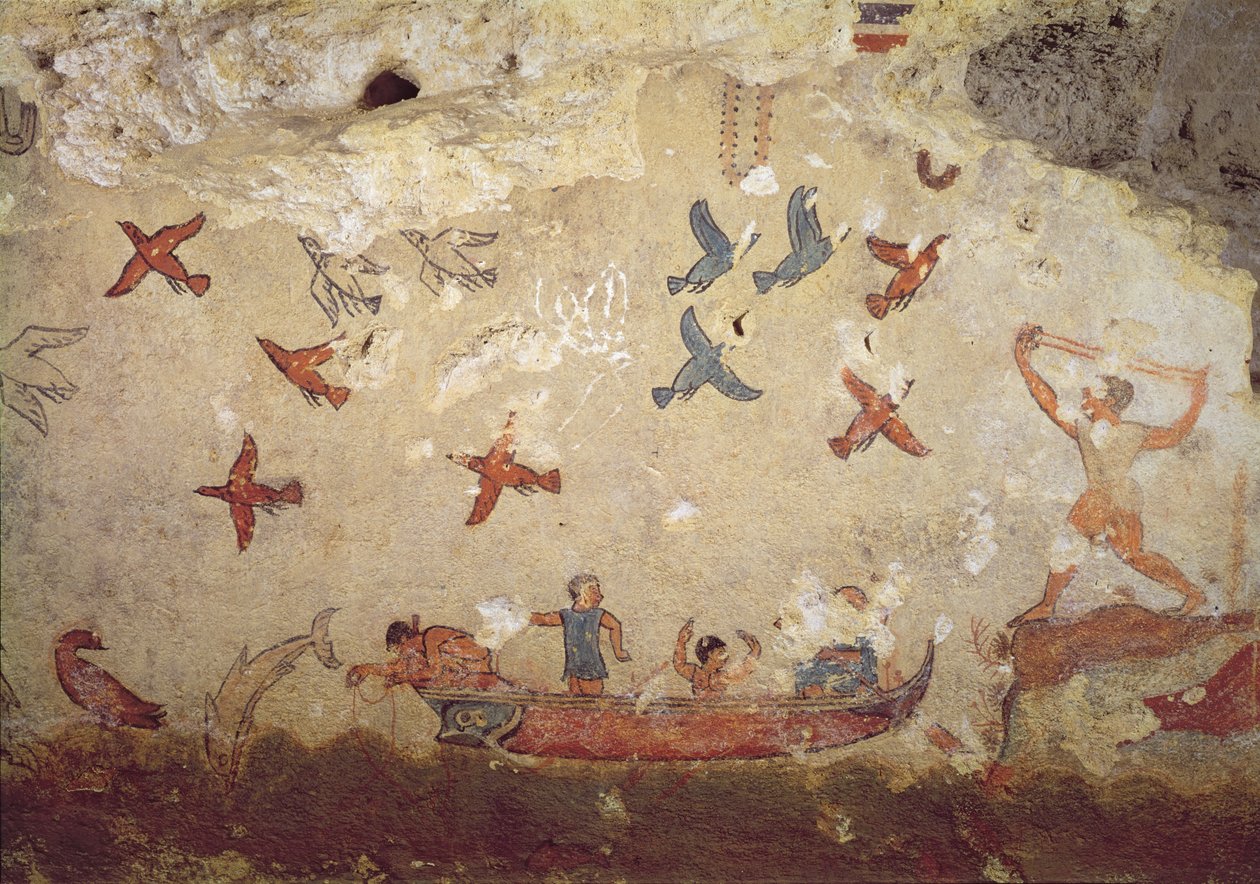 Fiskere i en båd og fugle, der flyver, fra graven for fiskeri og jagt, ca. 520-510 f.Kr. (vægmaleri) af Etruscan