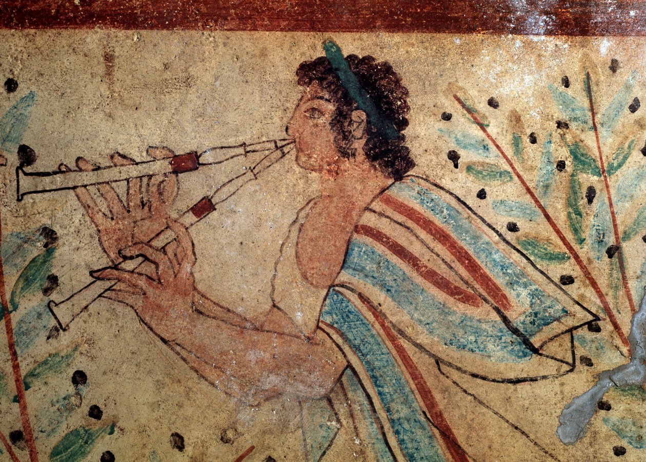 fløjtenist. Detalje af en fresko af leopardernes grav, 5. århundrede f.Kr af Etruscan