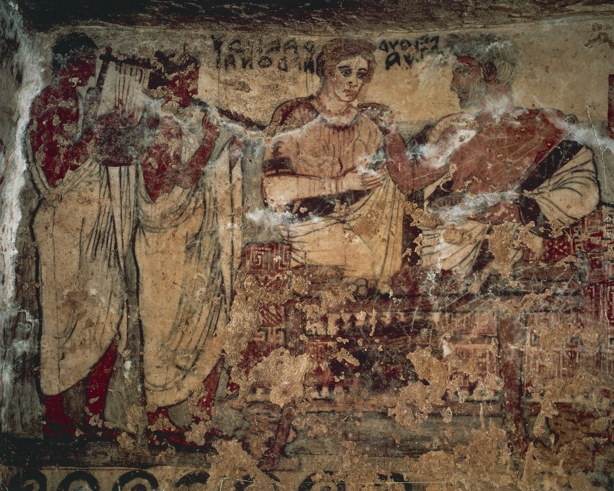 Kalkmaleri, der skildrer Velthur Velchas begravelsesbanket med konen Ravnthu Aprthnei underholdt af to musikere af Etruscan